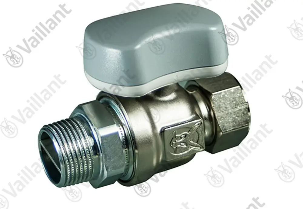 Vaillant Gasabsperrhahn mit grauem Hebel und metallischem Anschluss. Sichtbare Gewinde und Anschlusskegel sind erkennbar.